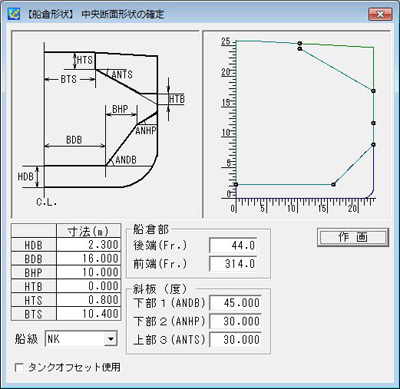 中央断面形状の入力画面